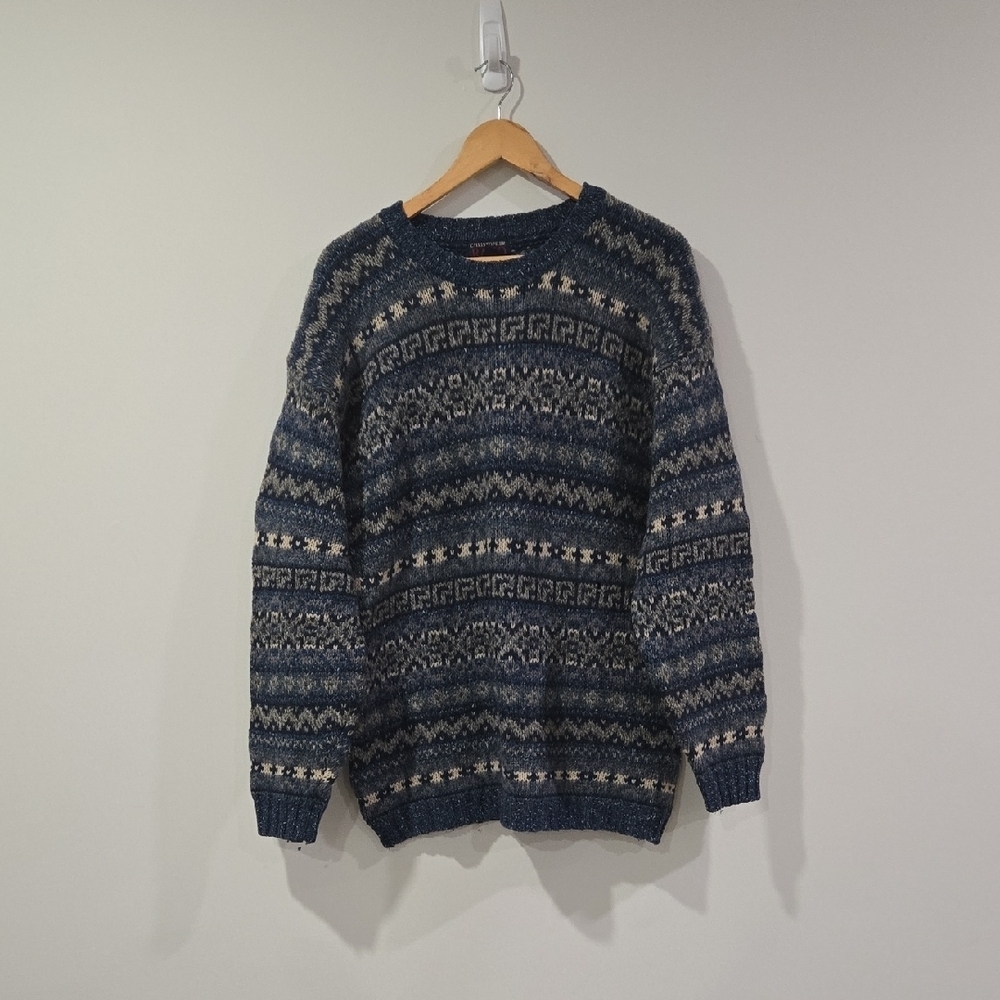 Vintage Wool Navy and Grey Crewneck Fishermancore/Cabincore Men's Wear  Sweater